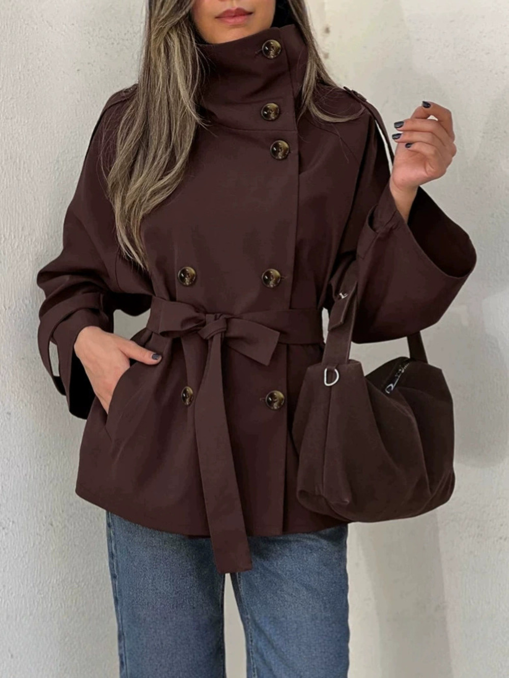 Forever 21 Brown Double Breasted Loose Belted Windproof Workwear Coat Mid Length